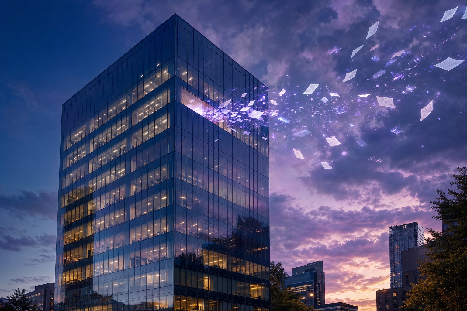 Kantoortoren bij schemering waaruit documenten de lucht in waaien, symbool voor het datalek bij EY